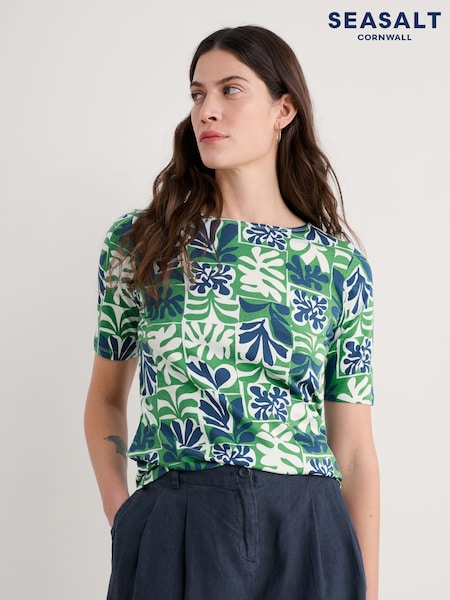 Seasalt Cornwall Green Poisson Printed 100% Cotton T-Shirt (W28530) | ₪151
