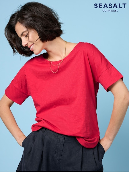 Seasalt Cornwall Red Bryher View 100% Cotton Boat Neck T-Shirt (W28563) | €44