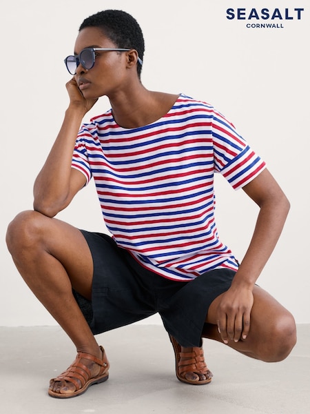 Seasalt Cornwall Red Dark Bryher View 100% Cotton Boat Neck T-Shirt (W28568) | €47