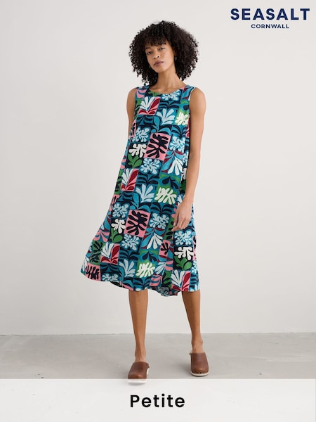 Seasalt Cornwall Blue Petite 100% Linen Petite Cresting Waves Sleeveless Linen Dress (W28585) | ₪483