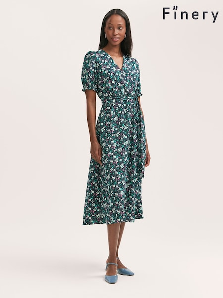 Finery Blue Everleigh Crepe Floral Print Midi Tea Dress (W28602) | €58
