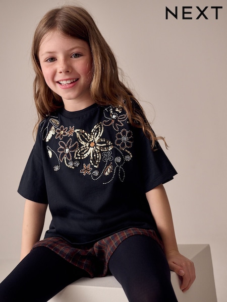 Black Floral Sequin T-Shirt (3-16yrs) (W28608) | €14 - €20