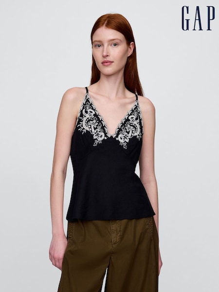 Negru/Alb - Gap Linen-Blend Embroidered Halter Top (W28642) | 447 LEI