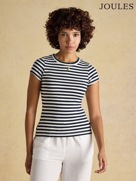 أزرق مقلم - Joules Sophie Short Sleeve Ribbed Fitted T-Shirt (W28657) | ‏15 ر.ع.‏
