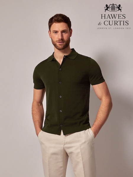 Hawes & Curtis Green Button Through Knitted 100% Cotton Polo Shirt (W28760) | AED460
