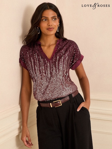 Burgundsko rdeča - Love & Roses Sequin Short Roll Sleeve Top (W28824) | € 45