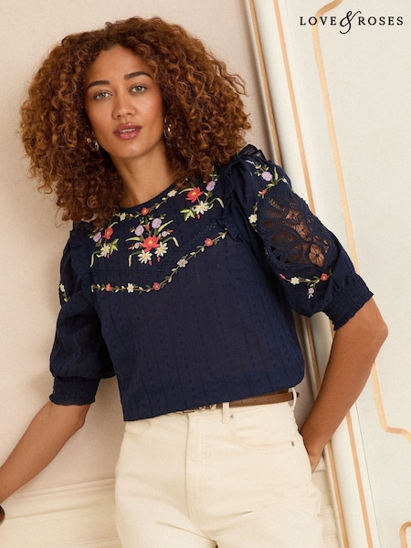 Love & Roses Navy Crew Neck Crochet Insert Embroidered 3/4 Sleeve Blouse (W28870) | €50