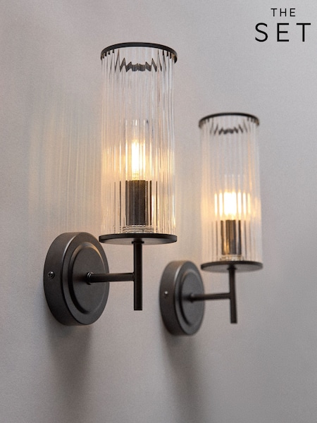 The Set 2 Pack Black Ribbed Glass Wall Lights (W28938) | €66.50