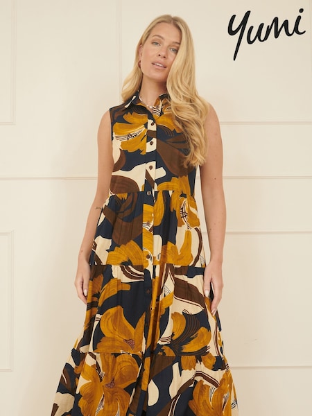 Yumi Blue 100% Cotton Leaf Midi Sleeveless Shirt Dress (W29062) | €77