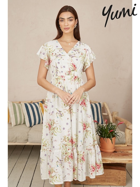 Yumi Cream Floral Broderie Anglaise Wrap Midi 100% Cotton Dress (W29064) | €95
