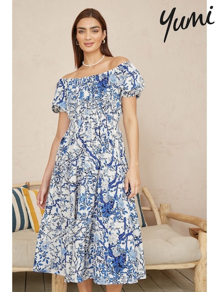 Yumi Blue Ruched Waist Bardot Blossom Tree Print Midi Dress (W29068) | €78
