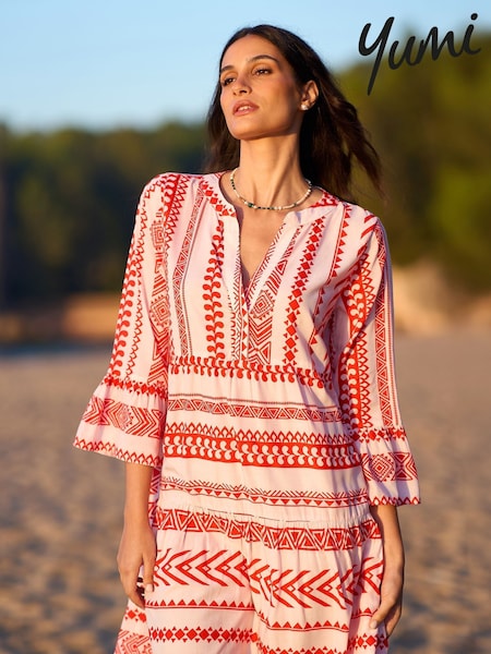 Yumi Pink Tencel Geo Stripe Print Beach Tunic (W29069) | ₪251