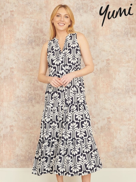 Yumi Blue Retro Print Relaxed Midi Dress (W29076) | €83