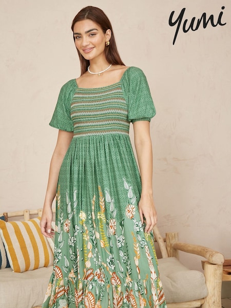 Yumi Green Ruched Leaf Print Maxi Dress With Puff Sleeves (W29077) | ₪302