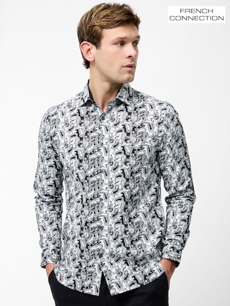 French Connection White Stretch Paisley Print Long Sleeve Button Up Shirt (W29132) | R$ 485