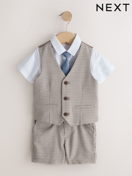 بني كاروهات - Waistcoat, Shirt, Shorts & Tie Set (3mths-9yrs) (W29192) | ‏178 د.إ.‏ - ‏ 208‏ د.إ.