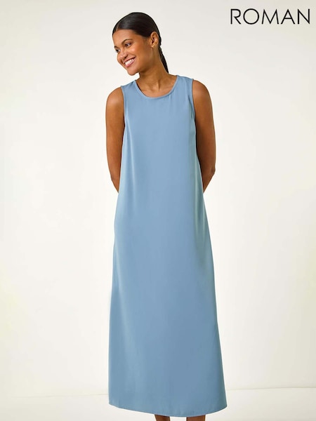 Roman Blue Satin A-Line Pocket Midi Dress (W29217) | €53