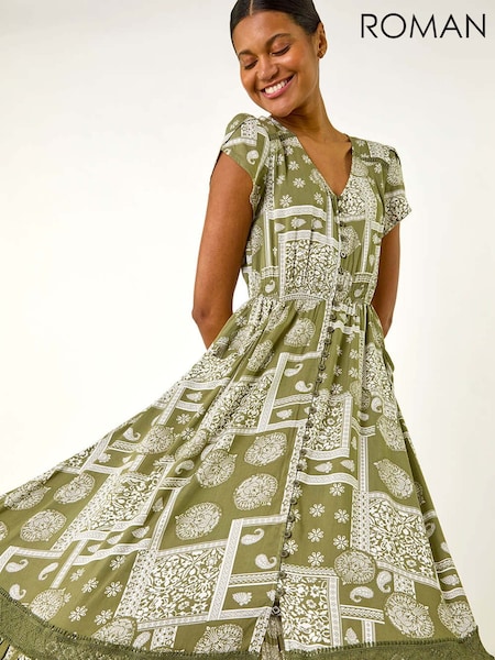 Roman Green Patchwork Lace Trim Maxi Dress (W29218) | R$ 700
