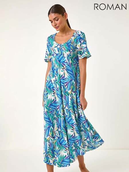 Roman Leaf Print Curved Hem Midi T-Shirt Dress (W29236) | 70 €