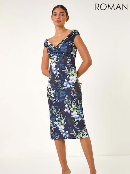 Roman Floral Print Bardot Stretch Midi Dress (W29239) | €86