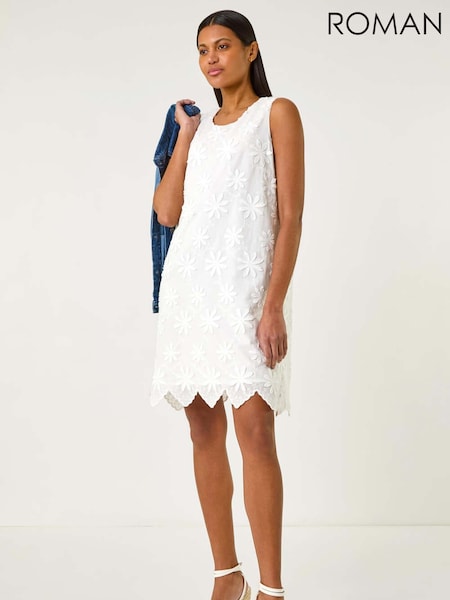 Roman White Flower Print Embroidered 100% Cotton Shift Dress (W29246) | €64