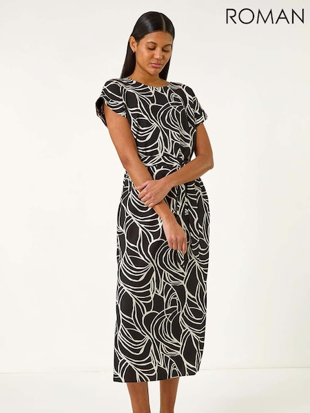 Roman Black Linear Textured Midi Dress (W29247) | €60