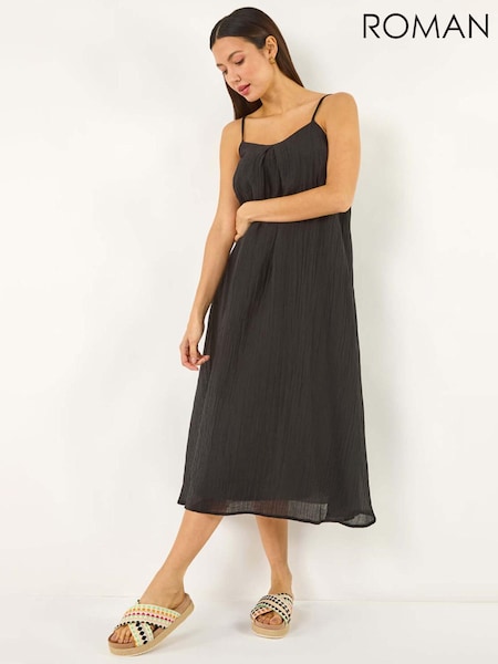 Roman Black Textured Pleat Midi Dress (W29249) | €53