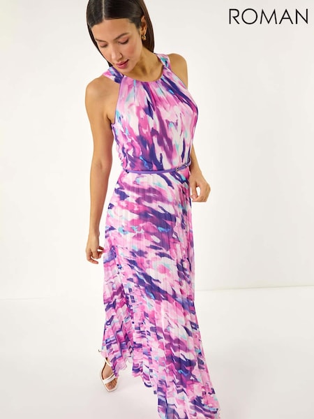 Roman Purple Blurred Print Pleated Maxi Dress (W29251) | 445 QAR