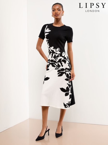 Lipsy Black/White Knitted Floral Print Short Sleeve Midi Dress (W29252) | €79.50