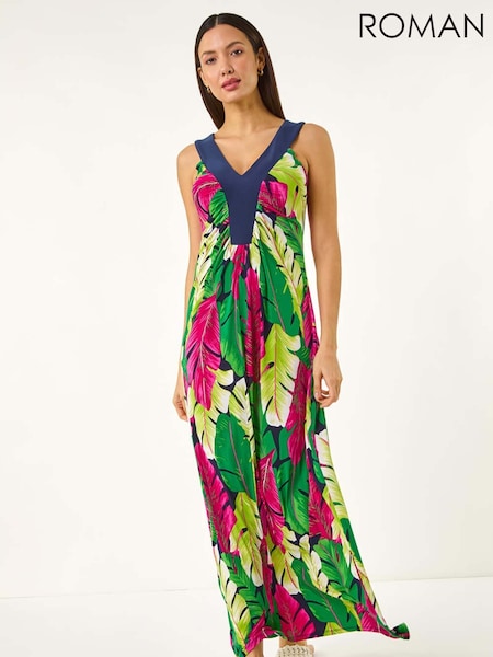 Roman Green Leaf Print Y Front Maxi Dress (W29256) | €78
