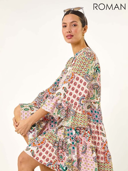 Roman Patchwork Print Button Shirt Dress (W29266) | 357 LEI