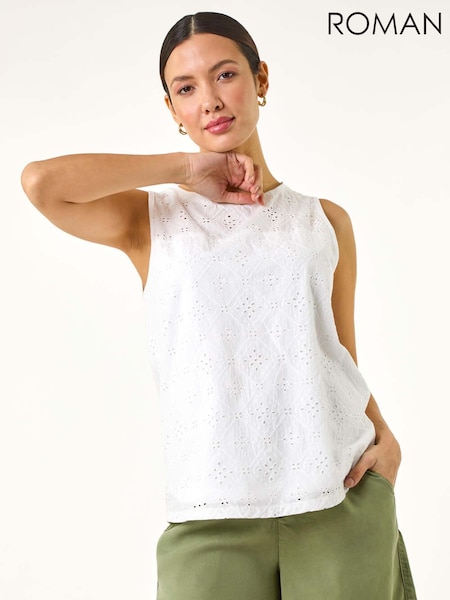 Roman White Broderie 100% Cotton Vest Top (W29268) | €40