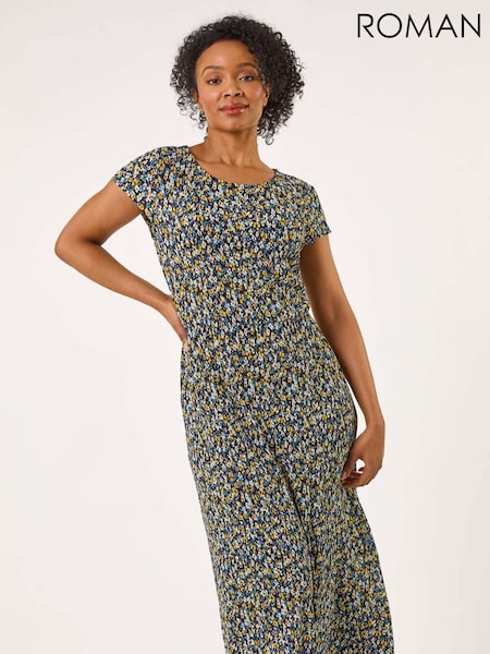 Roman Black Petite Floral Print Crinkle Midi Dress (W29273) | €58