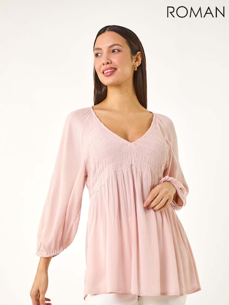 Roman Pink Shirred V-Neck Top (W29282) | €45