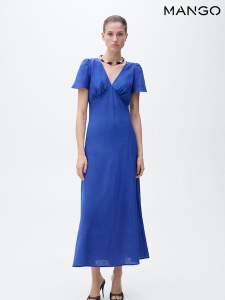 Mango Blue Linen Blend V-Neck Maxi Dress (W29383) | €63
