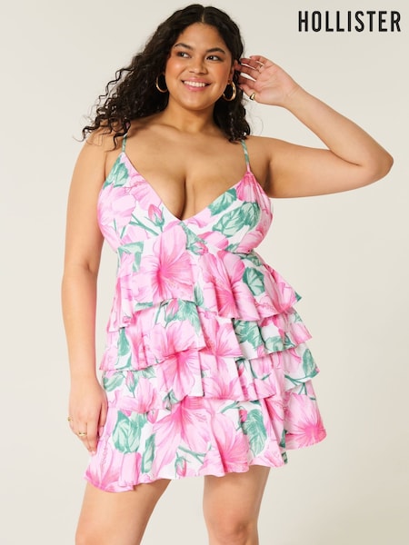 Hollister Pink V-Neck Open Back Ruffle Babydoll Mini Dress (W29421) | 298 LEI