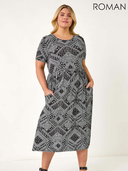Roman Black Curve Paisley Print Stretch Midi Dress (W29464) | €60