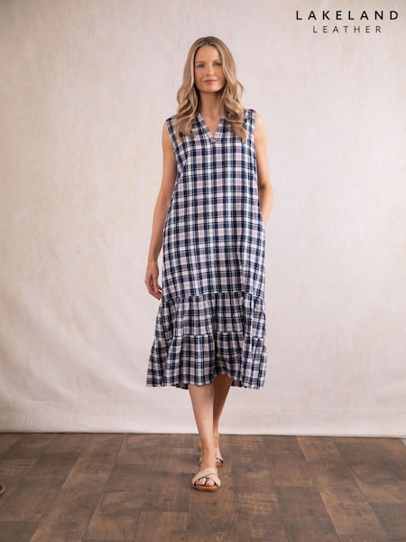 Lakeland Clothing Blue Fern Check 100% Cotton Midi Dress (W29497) | €60
