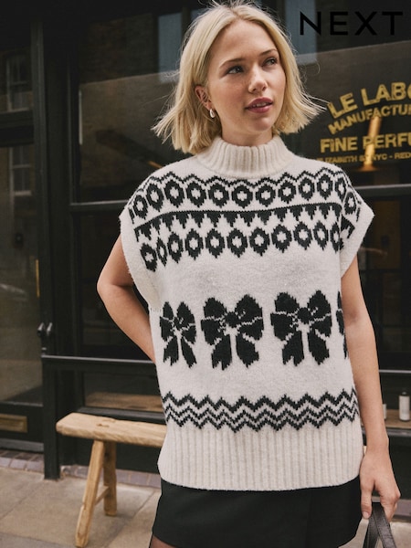 Black/White Bow Fairisle Pattern Knitted Tank (W29518) | €54