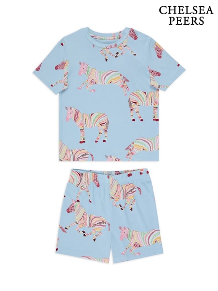 Chelsea Peers Blue Kids Boho Stripe Zebra Print Short Pyjamas Set (W29679) | R$ 195