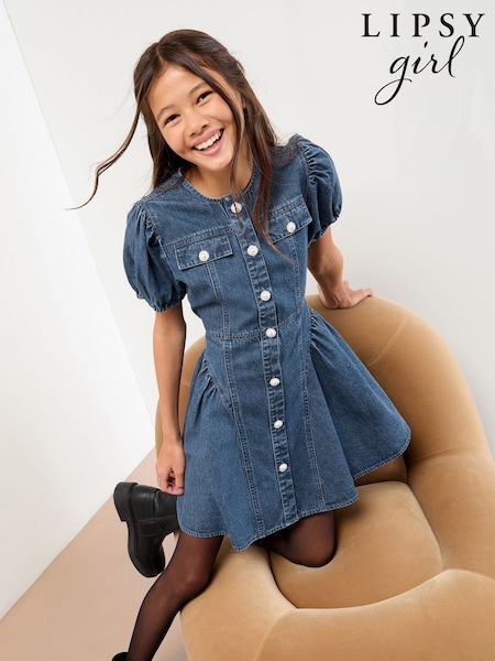 Lipsy Blue Denim Puff Sleeve Diamonte Dress (5-16yrs) (W29714) | R$ 415 - R$ 495