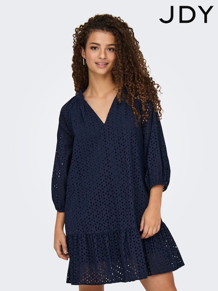 JDY Blue 100% Cotton V-Neck Embroidery Smock Mini Dress (W29729) | ₪226