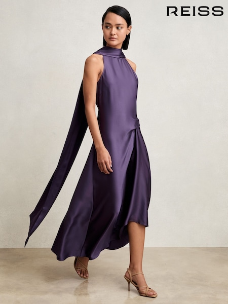 Reiss Purple Michelle Satin Tuck-Detail Cape Midi Dress (W29730) | OMR130