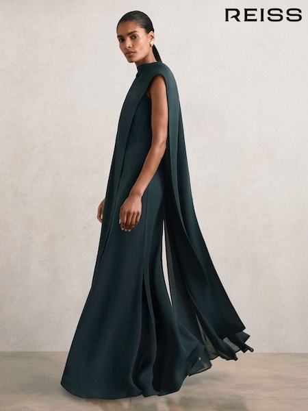 Reiss Teal Green Greta Crepe Cape Maxi Dress (W29733) | AED2,506