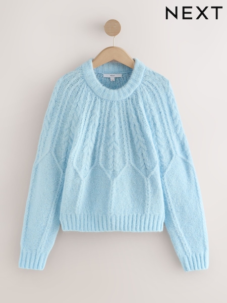 Azul claro - Wool Blend Cable Knit Crew Neck Jumper (W29784) | R$ 315