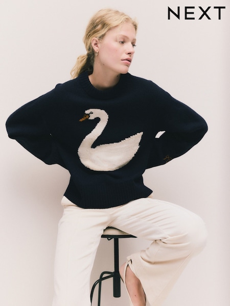 Navy Blue Swan Graphic Long Sleeve Crew Neck Jumper With Wool (W29809) | €47