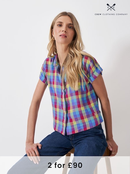 Crew Clothing Pink Short Sleeve Check Linen Blend Shirt (W29838) | €69