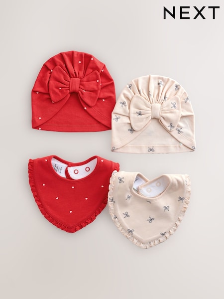 Red/Cream Baby Beanies And Dibble Bibs Set 4 Piece (0-18mths) (W29864) | R$ 100