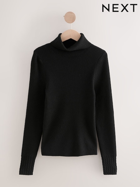 Black Roll Neck Ribbed Jumper With Wool (W29916) | €21
