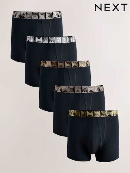 Black Metallic Pattern Waistbands 5 Pack A-Front Cotton Rich Boxers (W29938) | R$ 260